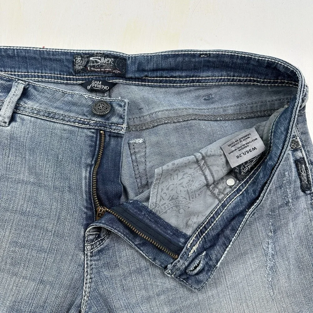 Silver Women's Sam Boyfriend Distressed Jeans 34x28 Blue Stretch Light‎ Wash